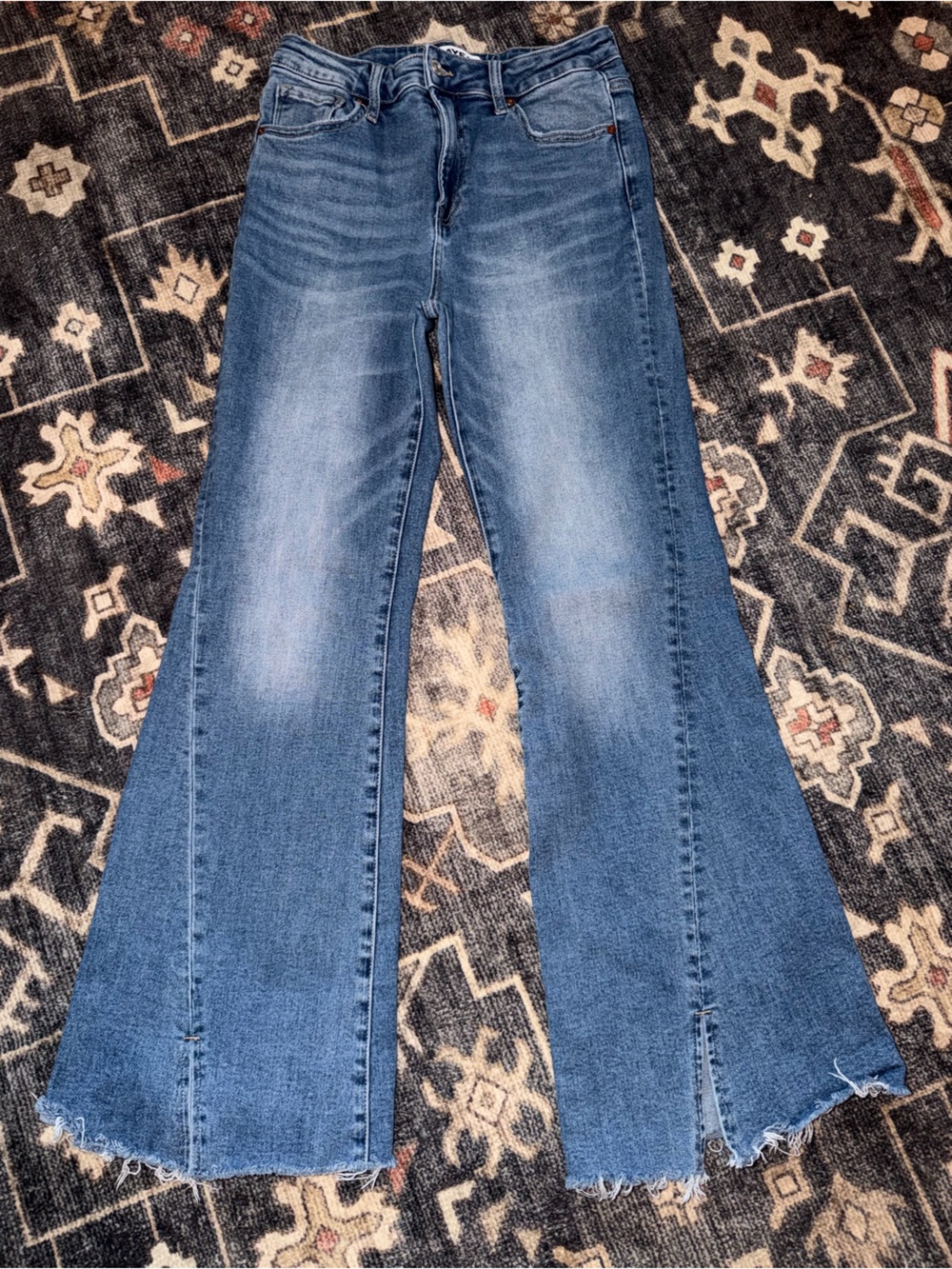Mid Wash Blue Wide-Leg Flare Jeans with Frayed Hem